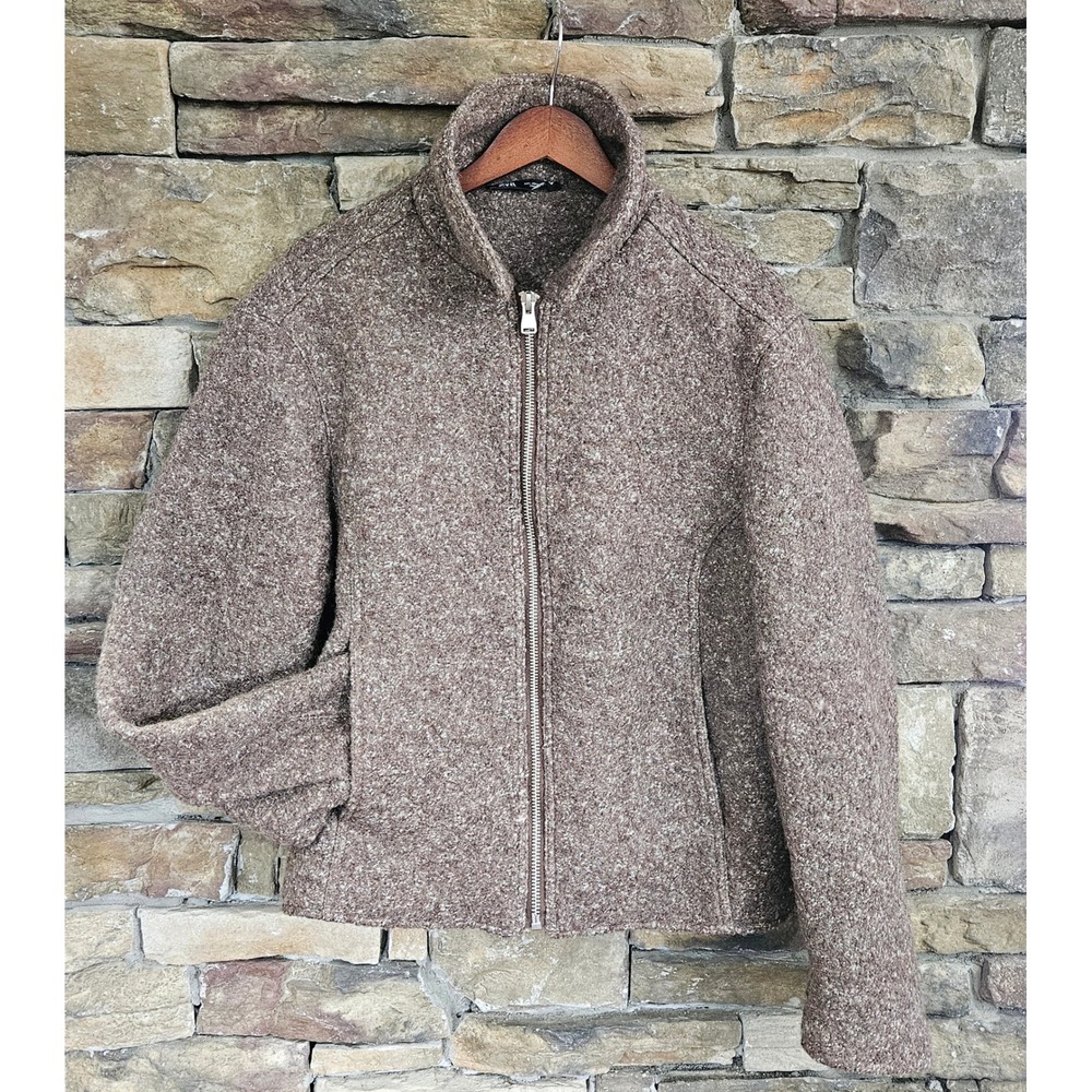 Apres-ski Zara Oatmeal Heathered Wool Blend Full Zip Jacket Textured Mock Neck L
